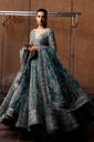 Teal Green & Silver Embroidered Bridal Gown with Flared Skirt and Dupatta – Luxury Designer Wedding Dress