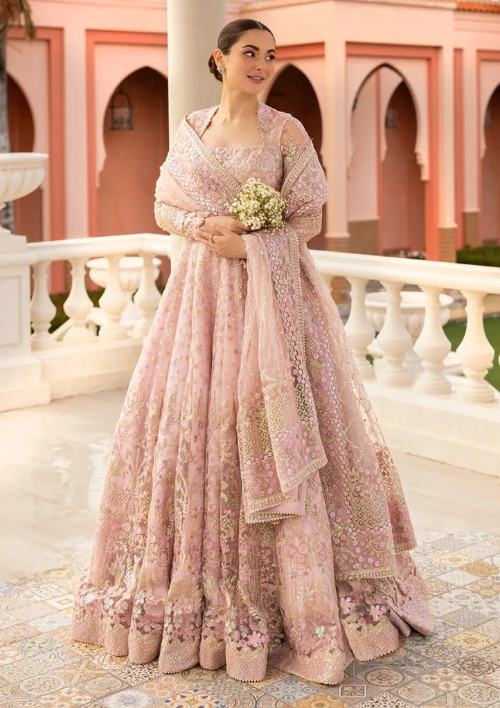 Blush Pink Embroidered Bridal Gown with Flared Skirt & Dupatta – Luxury Designer Wedding Dress (S)