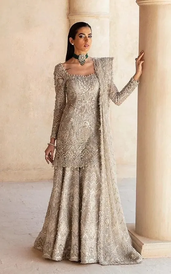 Champagne Gold Embroidered Gharara Set with Dupatta – Luxury Designer Party Wear