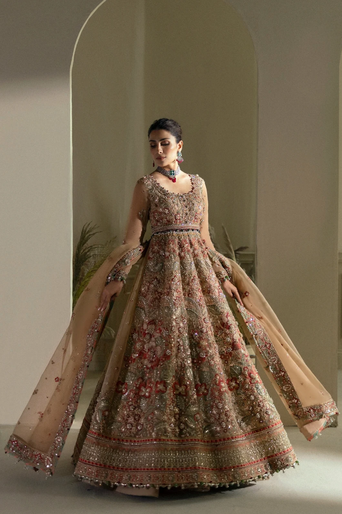 Champagne Gold Floral Embroidered Bridal Gown with Flared Skirt & Dupatta