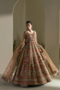 Champagne Gold Floral Embroidered Bridal Gown with Flared Skirt & Dupatta