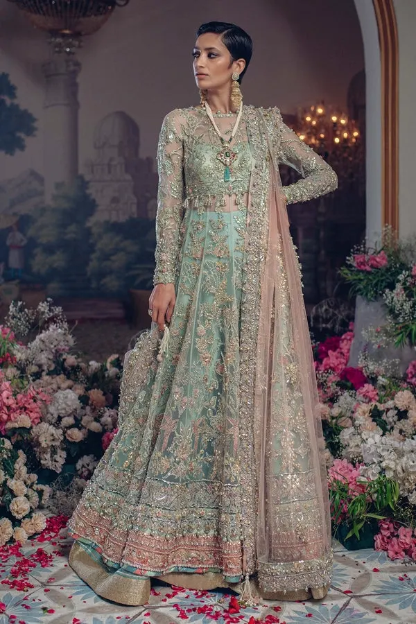 Mint Green Embroidered Bridal Gown with Dupatta – Luxury Flared Wedding Dress (S)