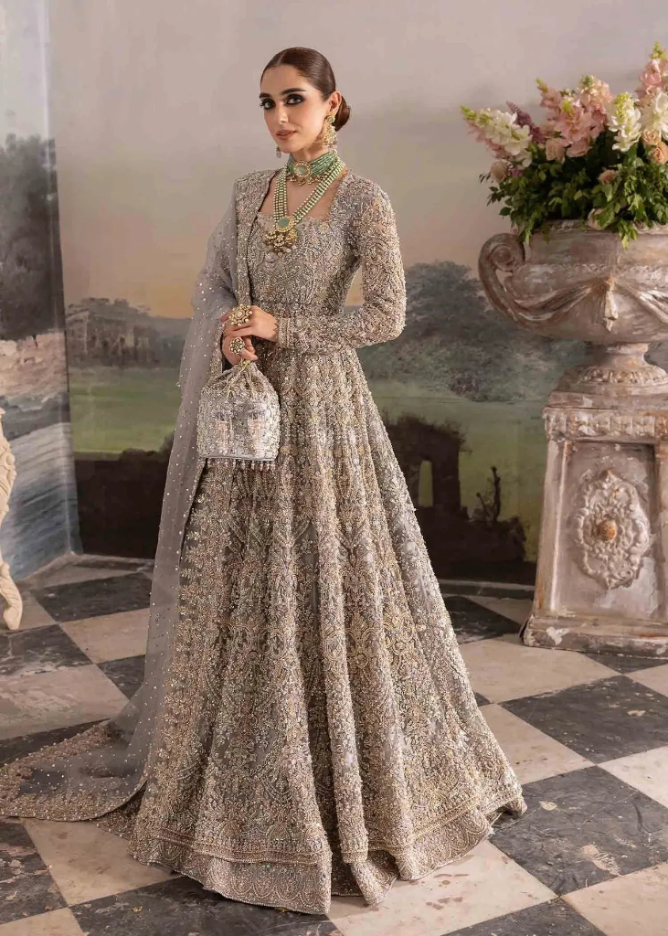 Silver Grey Embroidered Bridal Gown with Flared Skirt & Dupatta – Luxury Designer Wedding Dress (S)