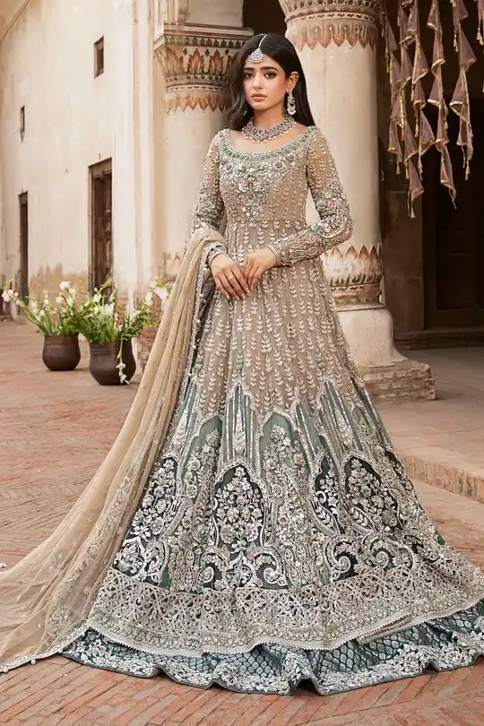 Beige & Emerald Green Embroidered Bridal Gown with Flared Skirt and Dupatta – Luxury Designer Wedding Dress (S)