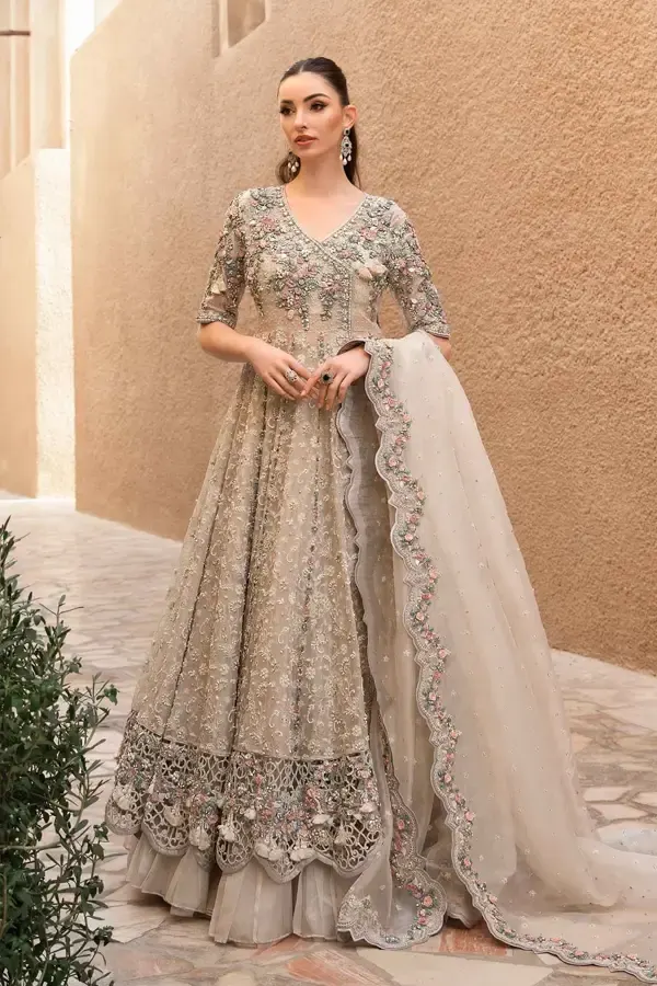 Champagne Beige Floral Embroidered Bridal Gown with Flared Skirt & Dupatta – Luxury Designer Wedding Dress